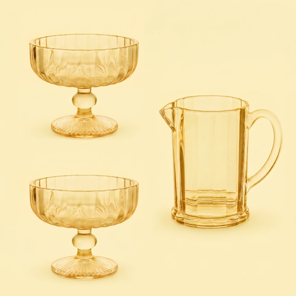 Kawa na balkonie - zestaw mlecznik szklany Sorrento żółty 270ml + 2 x pucharek do lodów Sorrento 300ml żółty