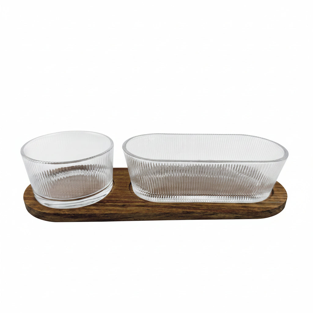 MISECZKI DO DIPÓW SZKLANE NA PODSTAWCE AKACJOWE WOODGLASS MIX 3 EL.