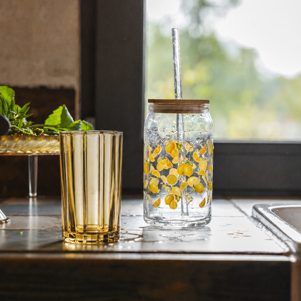 Czas na orzeźwienie - zestaw słomki szklane Lemonado kpl. 4 szt + 4 x szklanka long drink Sorrento żółta 360ml + foremka na kostki lodu silikonowa 22,5x17cm Amarelo