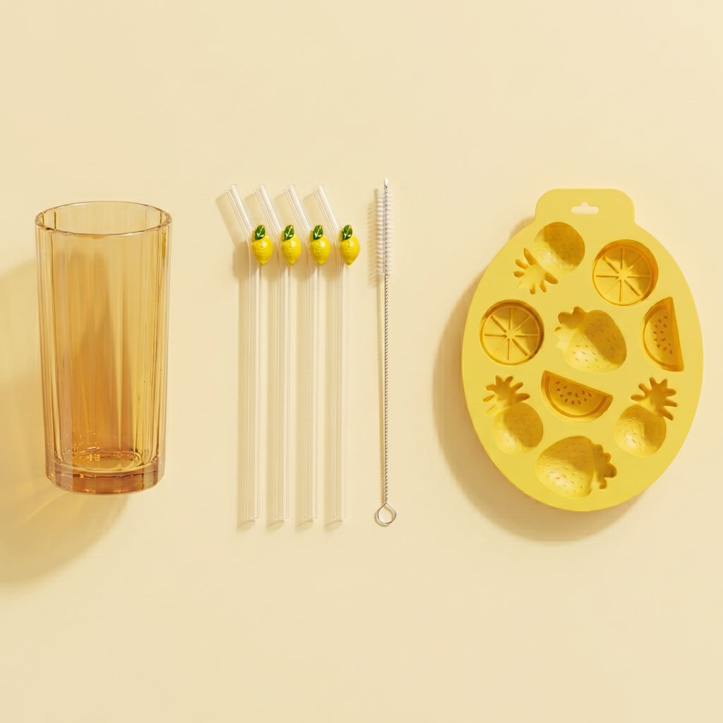 Czas na orzeźwienie - zestaw słomki szklane Lemonado kpl. 4 szt + 4 x szklanka long drink Sorrento żółta 360ml + foremka na kostki lodu silikonowa 22,5x17cm Amarelo
