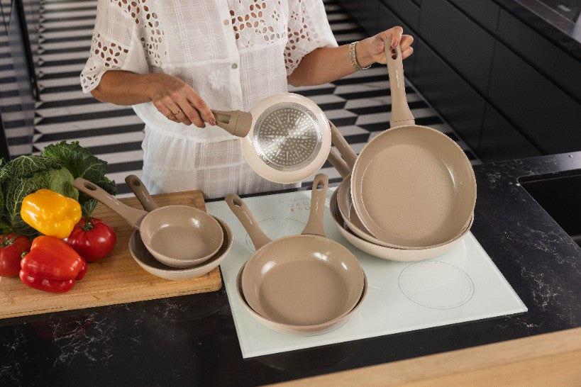 Zestaw 6 elementowy komplet patelni i garnków Florina Mokka beżowy| aluminum | powłoka ceramiczna AntiScratch | wszystkie typy kuchenek