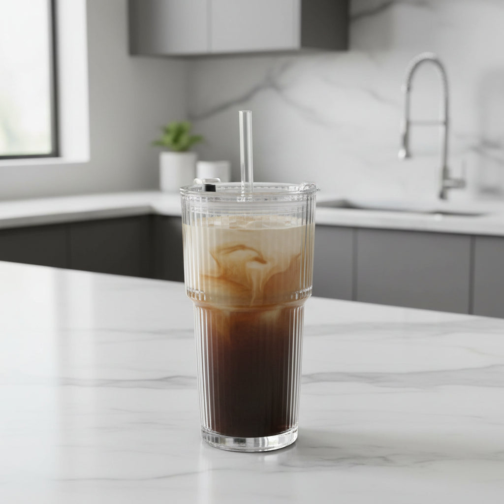 SZKLANKA VETRINO RYFLOWANA Z POKRYWKĄ I SŁOMKĄ 540ML