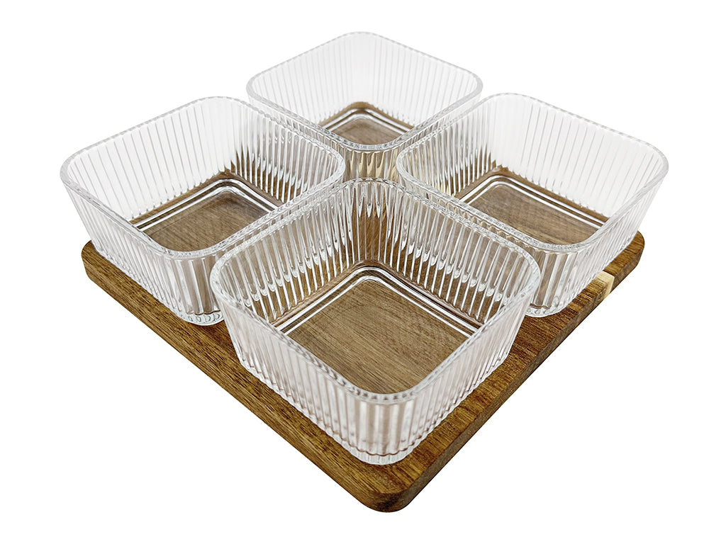 MISECZKI DO DIPÓW SZKLANE KWADRATOWE NA PODSTAWCE  AKACJOWE WOODGLASS 5 EL.