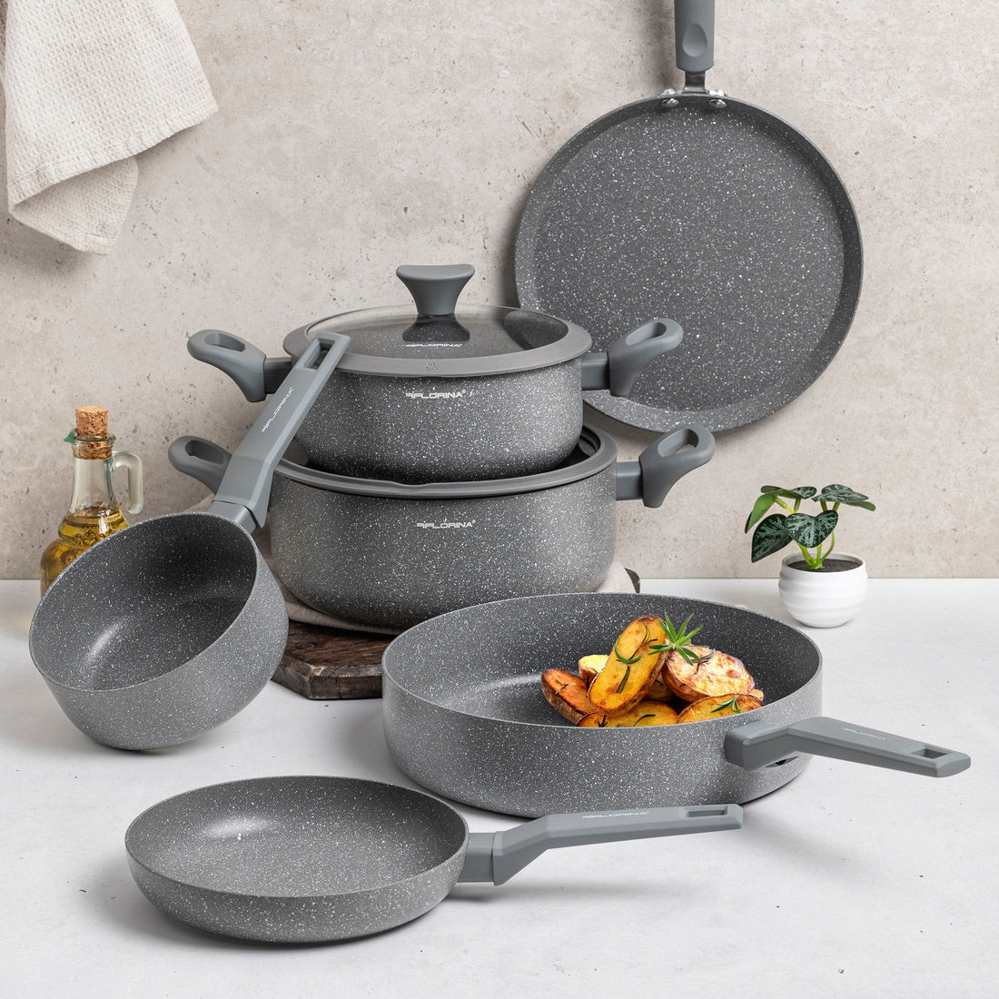 Zestaw 7 elementowy komplet garnków i patelni Pierre by Mateusz Gessler szary | aluminum | powłoka Non–Stick| wszystkie typy kuchenek |