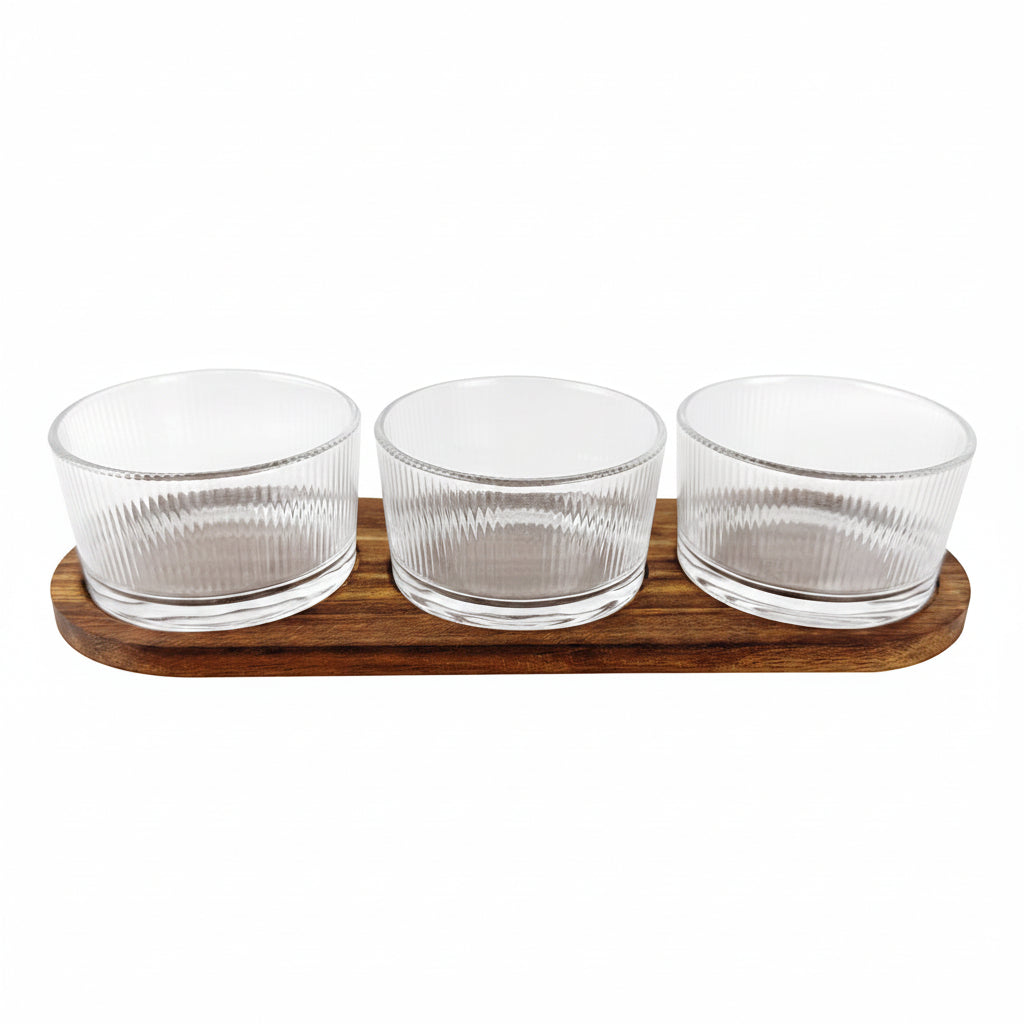 MISECZKI DO DIPÓW SZKLANE OKRĄGŁE NA PODSTAWCE AKACJOWEJ WOODGLASS 4 EL.