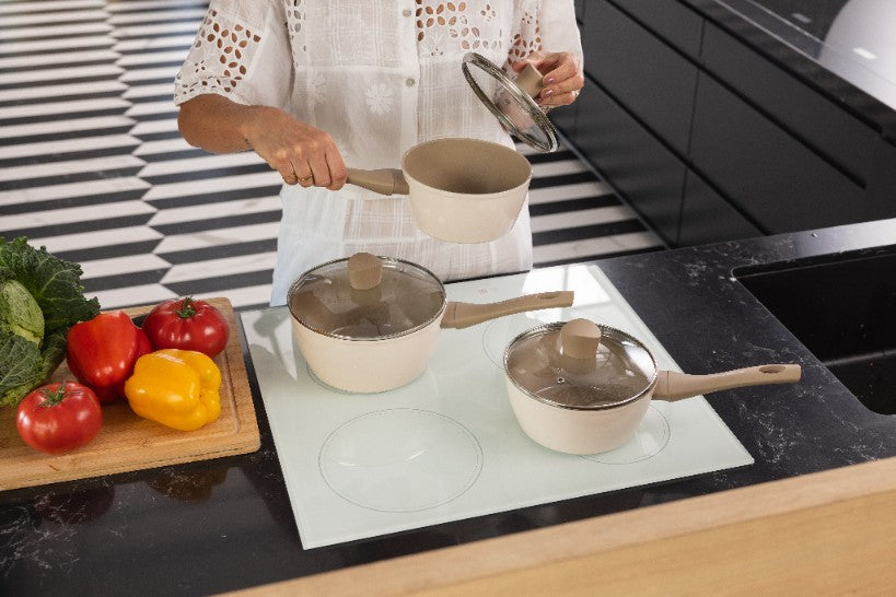 Zestaw 6 elementowy komplet garnków Florina Mokka beżowy| aluminum | powłoka ceramiczna AntiScratch | wszystkie typy kuchenek