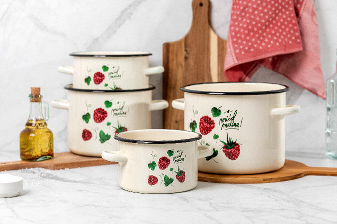 Garnek emaliowany Emalia Polska Pleszew Malina 18 cm 3,2 l kremowy
