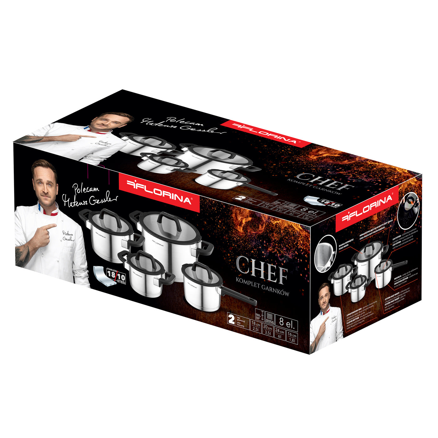 Набір каструль із неіржавної сталі Florina Chef by Mateusz Gessler 1,8 л, 2,5 л, 3,5 л і 6 л